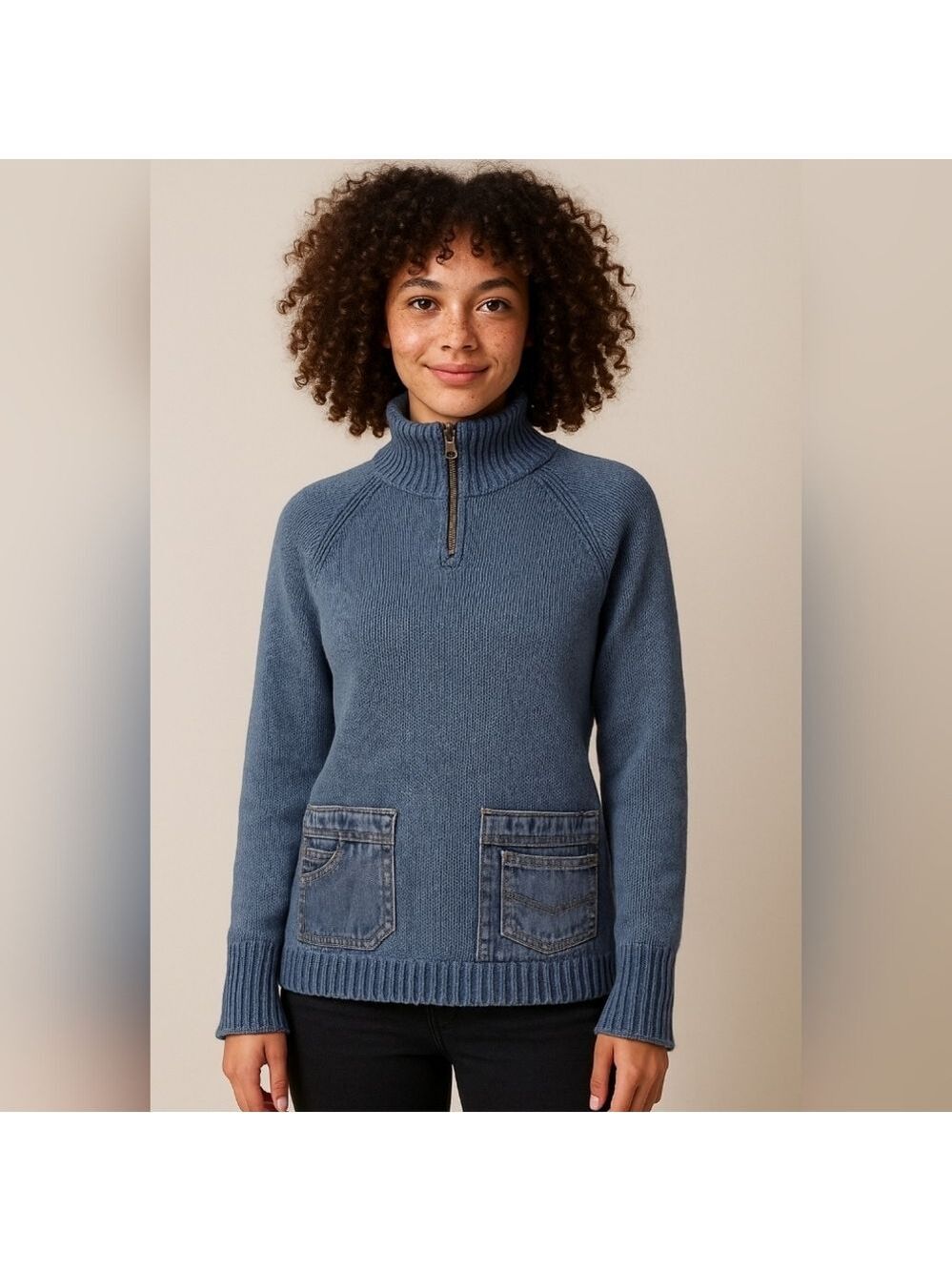 Vintage Pbj Blues Ramie Cotton Denim Patch Half Zip Mock Neck Sweater Small